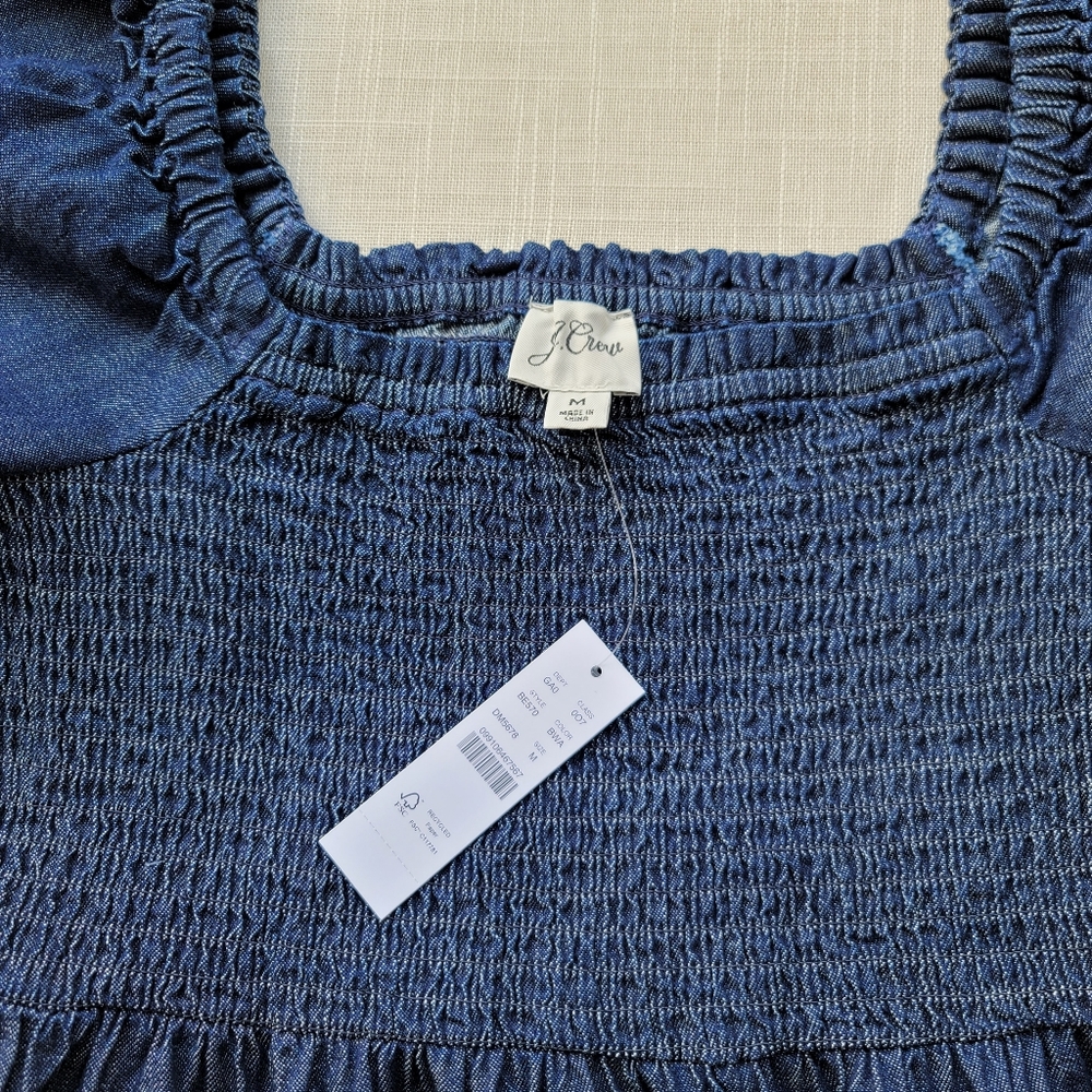 New! J. Crew sz Medium M Denim Chambray Smocked Puff Long Sleeve Top NWT - Picture 5 of 13